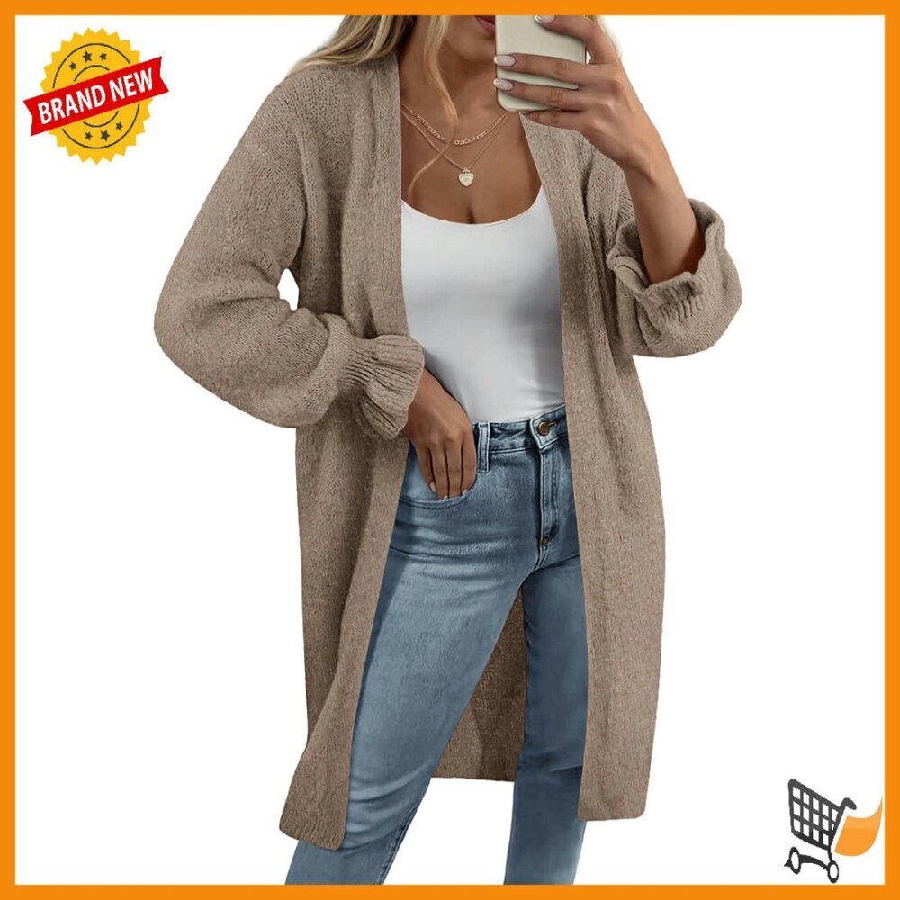 Oversized Chunky Knit Cardigan with Ruffle Cuffs Open Front
